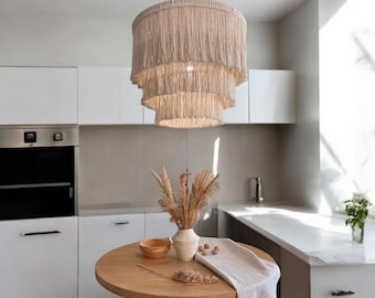 Lámpara de araña con borlas de algodón, lámpara de techo bohemia hecha a mano para sala de estar, iluminación colgante llamativa