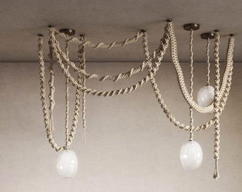 Macrame Chandelier with Glass Shades – 3 or 5 Pendant Light Options – Boho Cord Lamp – Handmade Ceiling Light Fixture,