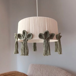 Green Flower Macrame Chandelier - Boho Tassel Light for Nursery or Bedroom - Cotton Rope Pendant Light - Baby Room Decor