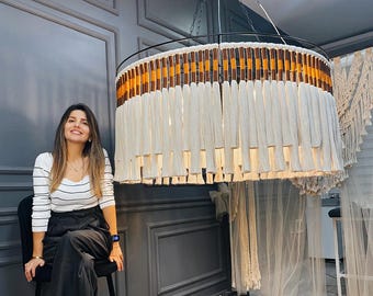 Boho Tassel Chandelier, Large Statement Pendant Light, Cotton macrame Lighting