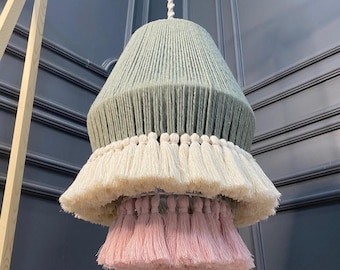 Boho Green Nursery Light, Pink Tassel Macrame Chandelier, Modern Woven Baby Room Pendant, Mint Green Macrame Lamp for Kids Room,Premium Lamp