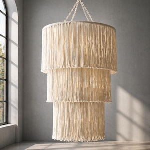 May include: A cream-coloured, three-tiered chandelier with a fringed design. The light fixture hangs from a chain in a room with an arched window. The chandelier's circular tiers decrease in size from bottom to top. The room has a concrete floor.