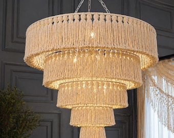Macrame Chandelier for High Ceiling, Large Boho Tassel Chandelier, Staircase Lighting, Entryway Light,