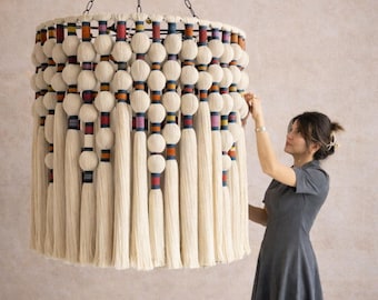 Large Boho Staircase Chandelier – Statement Cotton Tassel Lighting – Handmade Macrame Ceiling Lamp