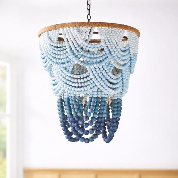 Blue Ombre Beaded Chandelier, Boho Nursery Light, Wood Bead Pendant Lamp, Coastal Bedroom Lighting