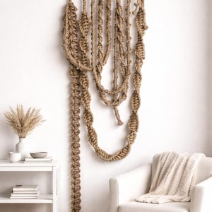 Großer Makramee-Wandbehang, extra lange Boho-Faser-Kunst, neutrales Statement-Dekor