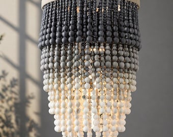 Grey Ombre Beaded Chandelier, Coastal Boho Pendant Light, Wooden Bead Lamp, Dining Room Light