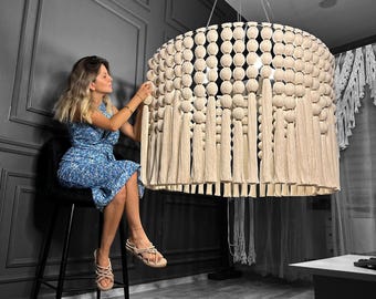 Large Macrame Chandelier, Cotton Tassel Lighting, High Ceiling Fixture, Modern Boho Pendant Light