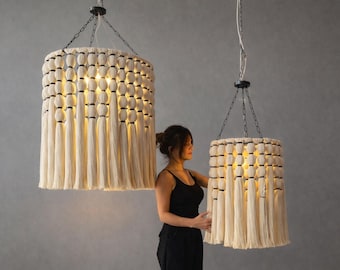 Large Cotton Tassel Macrame Chandelier, Handmade Boho Fiber Pendant Light, Natural Textile Ceiling Lighting