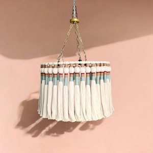 Large Macrame Chandelier - Boho Ceiling Light - Rustic Woven Pendant for Living Room, Hotel, or Café Decor - Cotton Fringe Statement Light