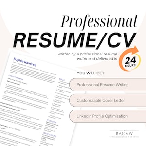 Op de afbeelding: Een advertentie voor een professionele CV- en sollicitatiebriefschrijfdienst, die CV-schrijven, het maken van sollicitatiebrieven en LinkedIn-profieloptimalisatie aanbiedt. De advertentie toont een CV-sjabloon met de naam van een vrouw, functiebenamingen en vaardigheden. De advertentie bevat ook een doorlooptijd van 24 uur.