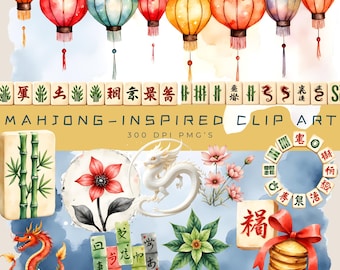 Könnte beinhalten: Aquarell-Clipart mit bunten chinesischen Laternen, Mahjong-Steinen, einem weißen Drachen, roten Blumen und einem Stapel Goldmünzen mit roter Schleife. Der Text lautet "Mahjong-Inspired Clip Art" und "300 DPI PNG's."