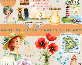 Imágenes prediseñadas de Ana de las Tejas Verdes, conjunto grande de 85 imágenes, estilo cottagecore vintage, descarga digital, novela de lectura, diario basura