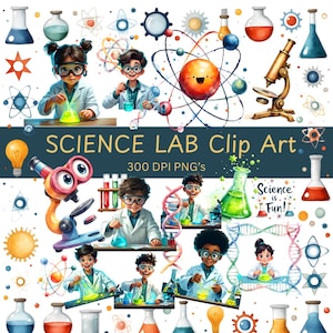 Puede incluir: Conjunto de imágenes prediseñadas de acuarela con niños con batas de laboratorio realizando experimentos científicos con vasos de precipitados, tubos de ensayo y microscopios. Se incluye el texto "SCIENCE LAB Clip Art" y "Science is Fun!". Incluye 300 DPI PNG.