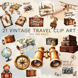 Puede incluir: Una colección de 21 imágenes prediseñadas de viajes vintage, que incluyen un mapa del mundo, una brújula, binoculares, maletas, un globo terráqueo, una cámara y un avión. Las imágenes son en varios tonos de marrón, beige y azul, con el texto "21 VINTAGE TRAVEL CLIP ART" y "300 DPI PNGS".