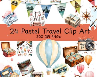 Vintage Travel Clip Art Set: Pastel Luggage, Suitcases, Airplane (Digital Download PNG Files)