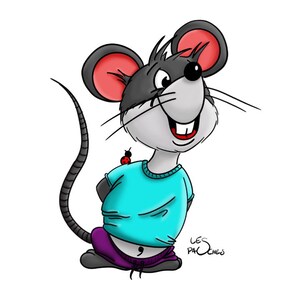 May include: A cartoon mouse with black fur, red ears, and a big smile is wearing a turquoise t-shirt and purple shorts. The mouse has a long tail and is standing on a white background.