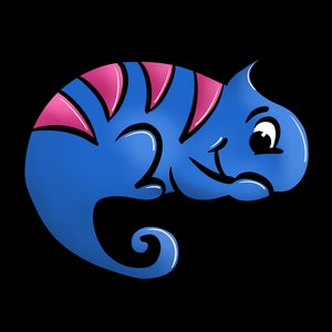 May include: A blue and pink cartoon chameleon with a curled tail and a smiling face.