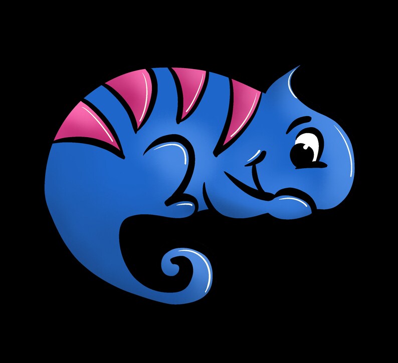May include: A blue and pink cartoon chameleon with a curled tail and a smiling face.