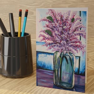 Blumen Grußkarte, handgemalte Blumen Kunst, gemalte Danksagungsnotizen, lila Karten, Fliedermalerei, Blumen Blankokarten, Blumenkartenset