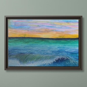 Canvas Print Coastal Ocean Sunset Canvas Art, Watercolor Seascape Crashing Wave Beach Wall Artwork, Marine Landscape Home Decor