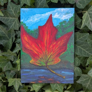 Vibrant Red Maple Leaf Painting Autumn Nature Decor: Original Fall Foliage Art 5x7