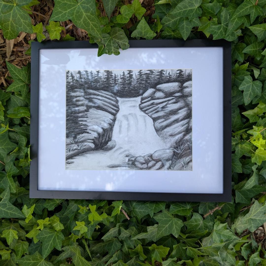 Framed Waterfall Charcoal Drawing: Original Black and White Landscape ...