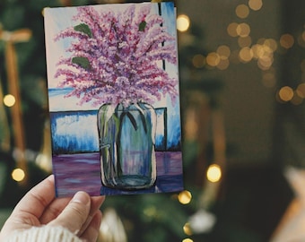 Carte de voeux florale peinte, Fleurs violettes, Mots de remerciement peints, Cartes vierges lilas, Impression peinture lilas, Jeu de cartes florales