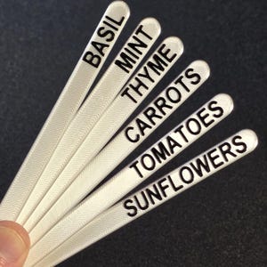 May include: A set of white plant labels with black lettering. The labels display the names of herbs and vegetables: basil, mint, thyme, carrots, tomatoes, and sunflowers. The labels are made of a white material.