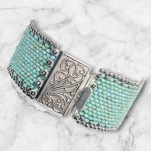 Handmade Teal Seed Bead Cuff Bracelet: Bohemian Silver Jewelry