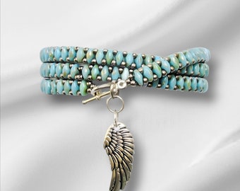 Picasso turquoise bead wrap bracelet * blue superduo boho bracelet with wing charm * gift for girlfriend