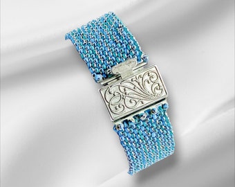 turquoise and silver seed bead cuff * boho beaded bracelet * gift for wife