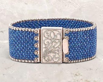 Deep Blue Beaded Cuff Bracelet Peyote Seed Bead Bracelet