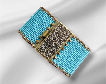 Turquoise and gold beaded cuff * statement seed bead bracelet * boho bead jewelry * gift for girlfriend