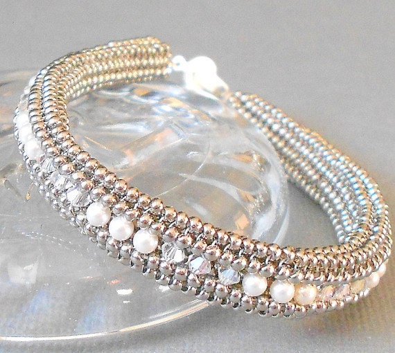 pearl and crystal beadwork bracelet silver beaded jewelry seed | Etsy