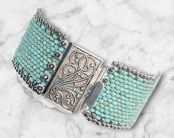 Teal and silver seed bead cuff bracelet * boho jewelry * bracelet for women
