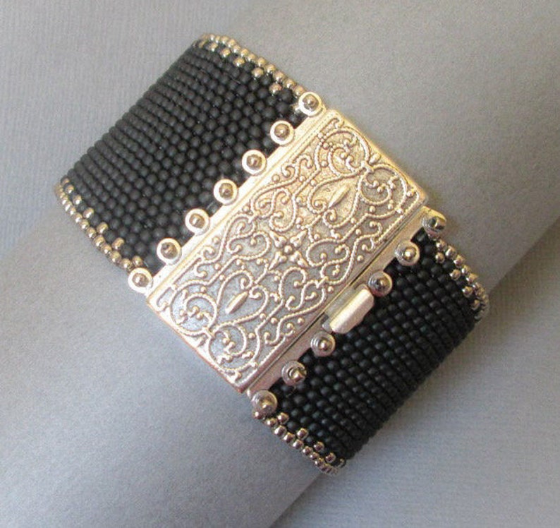 Black beaded cuff bracelet/ seed bead bracelet with box clasp/ Etsy