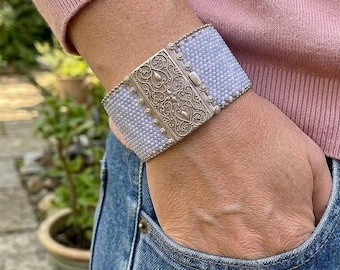 Faded Denim Blue Seed Bead Cuff Bracelet – Boho Style