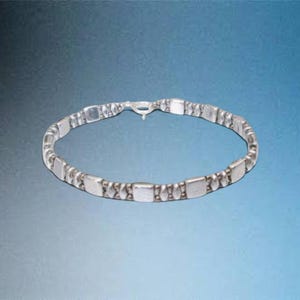 May include: A silver bracelet with a series of square and oval links. The bracelet has a clasp closure and is displayed against a gradient blue background. The bracelet is a piece of jewelry.