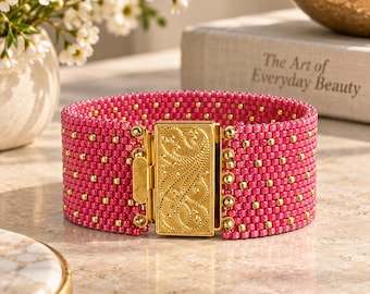 Raspberry Pink Seed Bead Cuff Bracelet: Gold Clasp, Boho Handmade Jewelry
