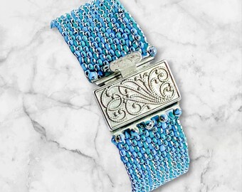 turquoise and silver seed bead cuff * boho beaded bracelet * gift for wife