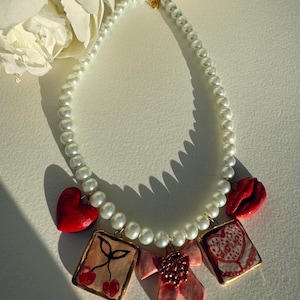 Handmade Ceramic charms necklace, charm lips, heart, cherry, cake. 11k gold handpainted. Every day and anniversary jewellery. Gift birthday