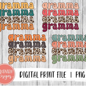May include: A digital print file of the word "gramma" repeated in a retro style font. The word is stacked in four rows, with each row in a different color. The colors are orange, teal, brown with a leopard print, and orange. The word is repeated in a second set of four rows, with the colors being pink, teal, brown with a leopard print, and green.