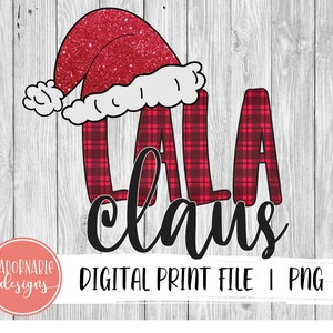 K&ouml;nnte beinhalten: Eine digitale Druckdatei mit einem rot-schwarzen Karomuster und dem Text "LALA claus" in Schwarz. Das Design enth&auml;lt eine rote Weihnachtsm&uuml;tze mit wei&szlig;em Besatz.