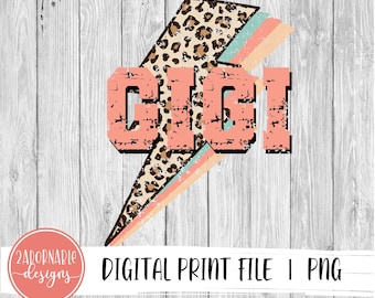 Gigi Lightning Bolt Sublimation Design | PNG File for Sublimation Print Transfer | Leopard Print GIGI Design