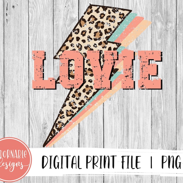 Lovie Lightning Bolt Sublimation Design | PNG File for Sublimation Print Transfer | LOVIE Leopard Print Design