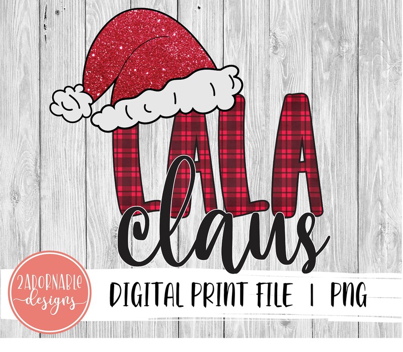 K&ouml;nnte beinhalten: Eine digitale Druckdatei mit einem rot-schwarzen Karomuster und dem Text "LALA claus" in Schwarz. Das Design enth&auml;lt eine rote Weihnachtsm&uuml;tze mit wei&szlig;em Besatz.