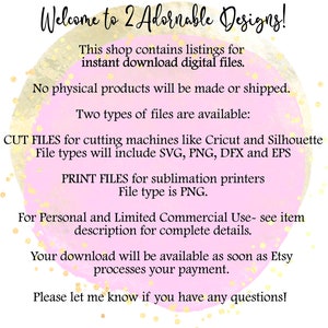 K&ouml;nnte beinhalten: Willkommen bei 2 Adornable Designs! Dieser Shop bietet digitale Dateien zum sofortigen Download an. Es werden keine physischen Produkte hergestellt oder versandt. Es stehen zwei Dateitypen zur Verf&uuml;gung: SCHNEIDDATEIEN f&uuml;r Schneidemaschinen wie Cricut und Silhouette. Die Dateitypen umfassen SVG, PNG, DFX und EPS. DRUCKDATEIEN f&uuml;r Sublimationsdrucker. Der Dateityp ist PNG. F&uuml;r den pers&ouml;nlichen und eingeschr&auml;nkten kommerziellen Gebrauch - siehe Artikelbeschreibung f&uuml;r vollst&auml;ndige Details. Ihr Download wird verf&uuml;gbar sein, sobald Etsy Ihre Zahlung verarbeitet hat. Bitte lassen Sie mich wissen, wenn Sie Fragen haben!