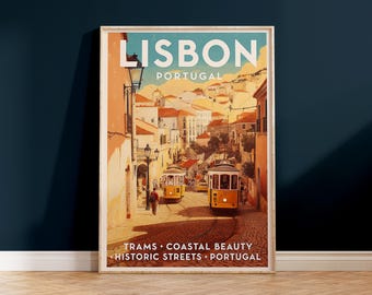 Portugal Vintage Travel Poster, Retro Lisbon Artwork Print