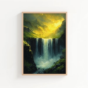 Cascada islandesa de ambiente melancólico en verano - Acantilados verdes exuberantes para imprimir, arte de paisaje dramático, decoración de pared atmosférica, descarga digital 769